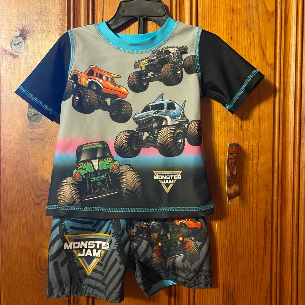 Monster Jam Kids Swim Trunks and Shirt Set - Black and Blue